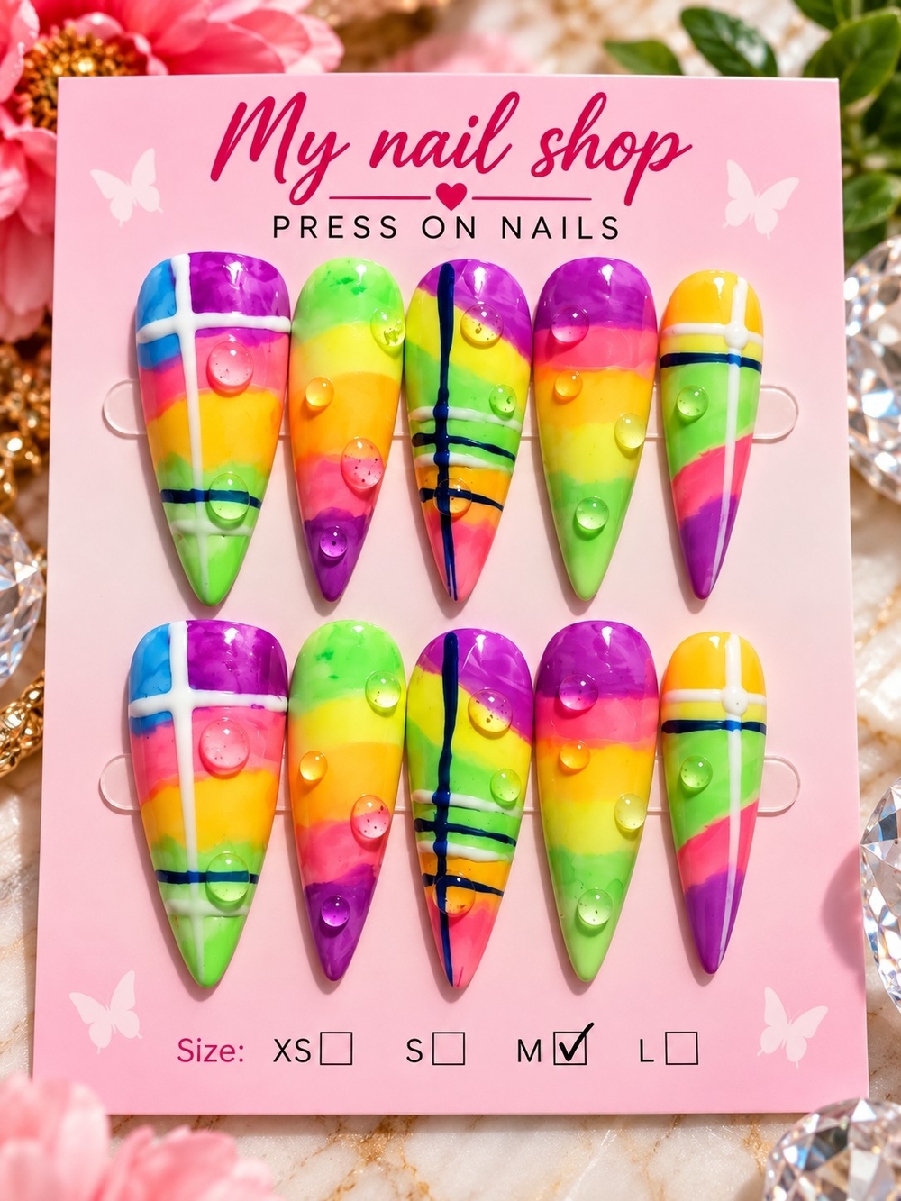 Rainbow 3D Droplet Press-On Nails – Size Medium